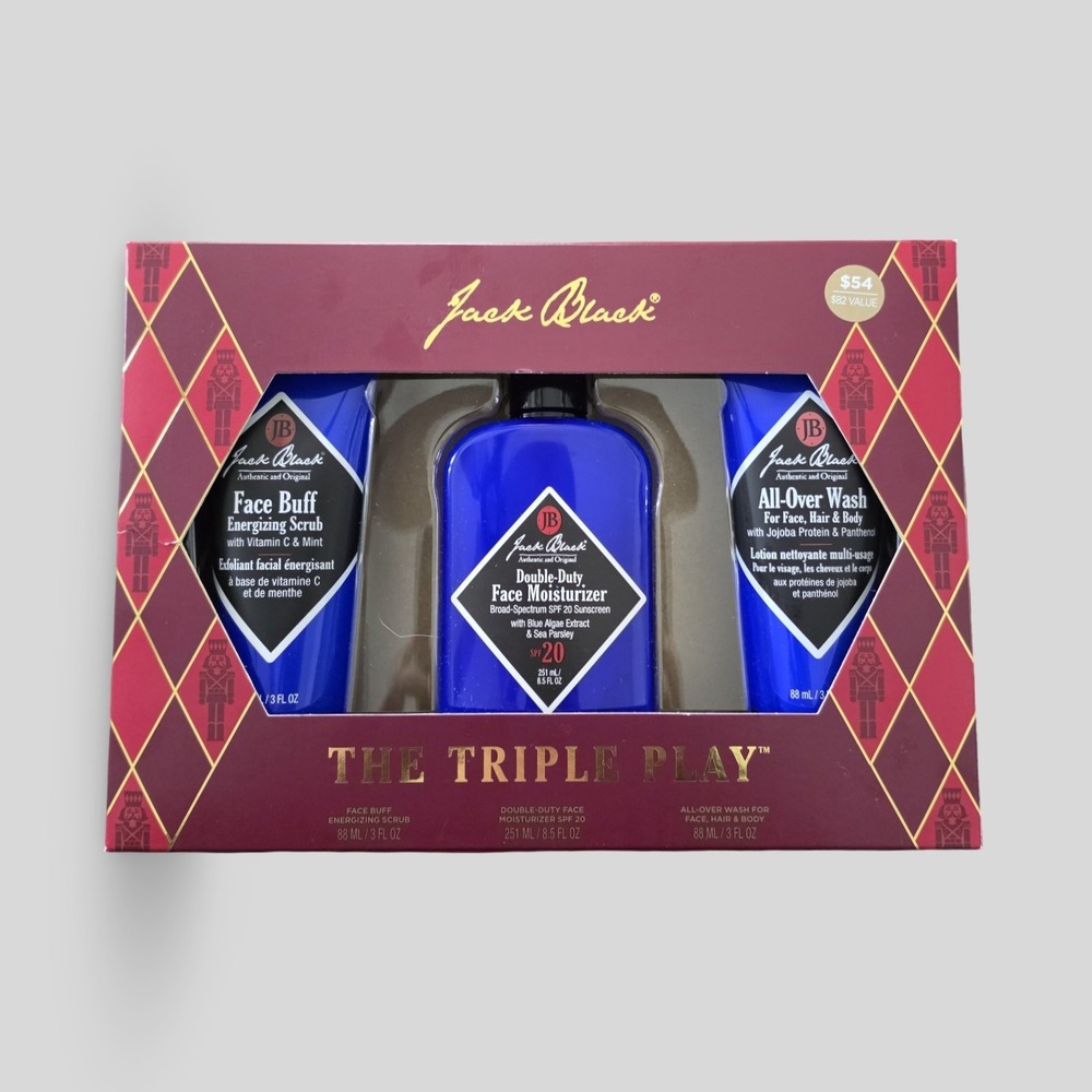 Jack Black The Triple Play Mens Skincare Set Moisturizer SPF Face Wash Scrub New